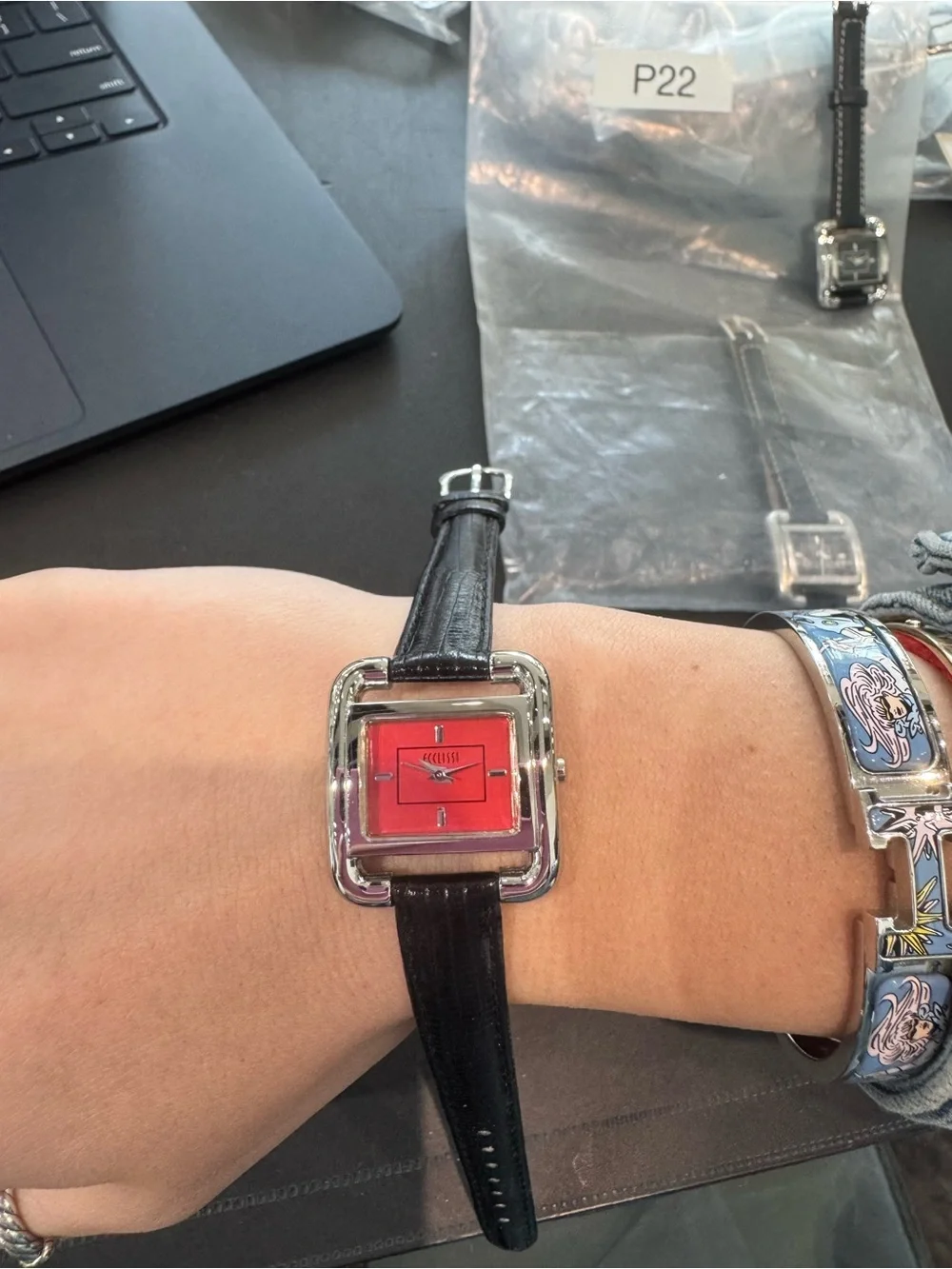 Vintage Ecclissi Silver Square Watch with Red Dial & Black Leather Band